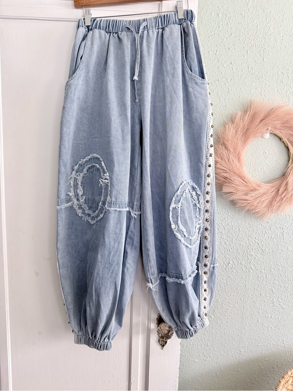 POL Light Blue Distressed Boyfriend Jeans with Side Stud Trim